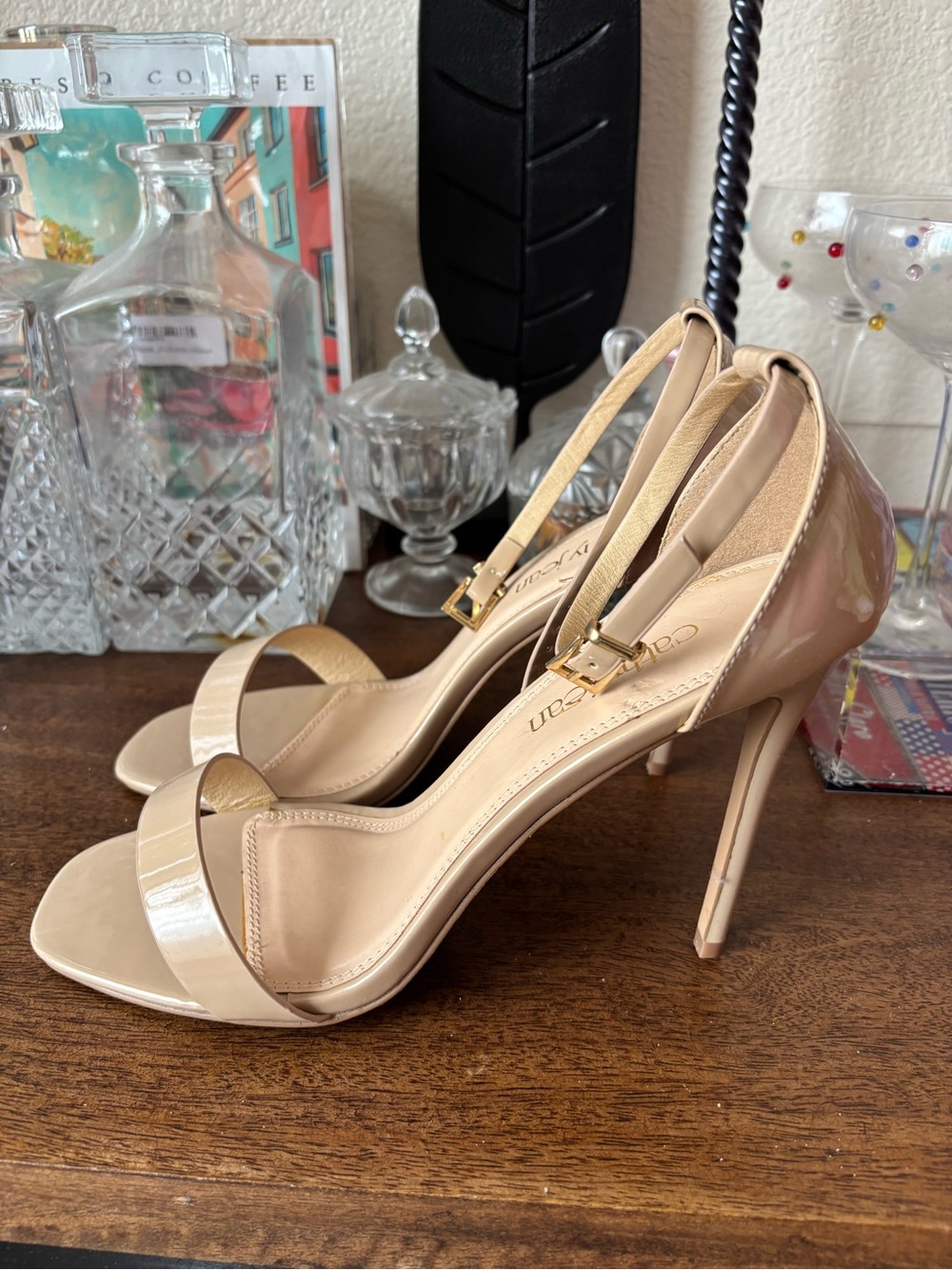 Cathy Jean Nude Patent Leather Ankle-Strap Stiletto Heels (Size: 10)